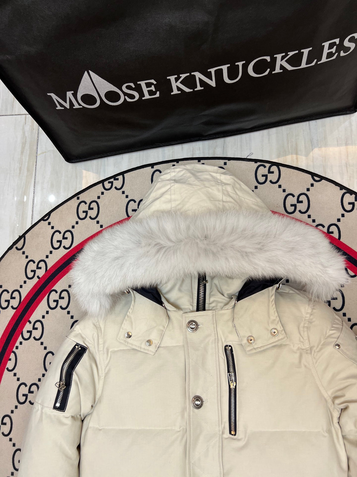 Moose Knuckles Cream Long Down Parka with White Fur Trim