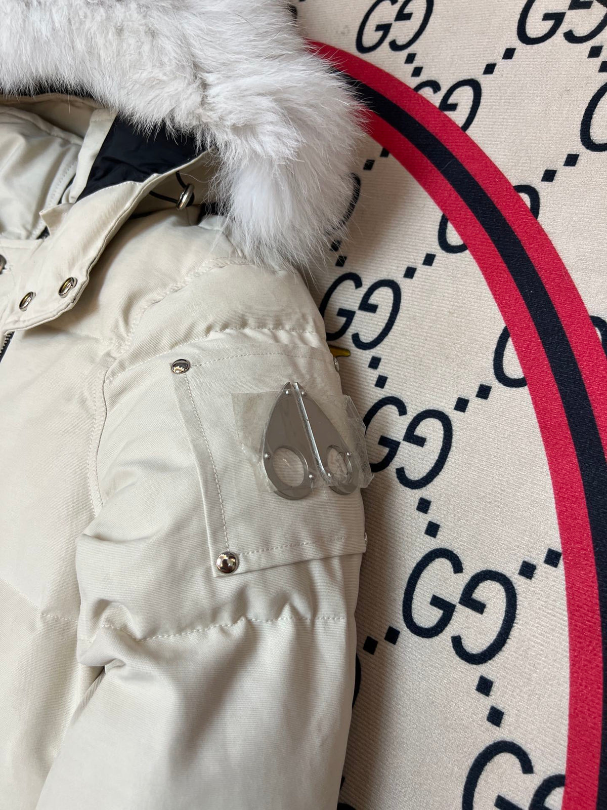 Moose Knuckles Cream Long Down Parka with White Fur Trim