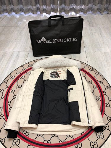 Moose Knuckles Cream Long Down Parka with White Fur Trim