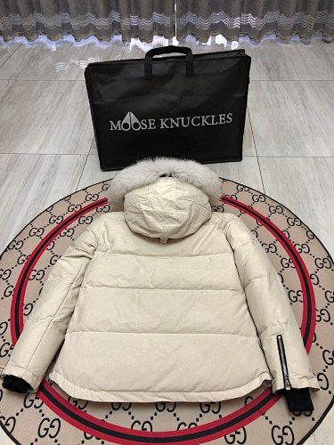Moose Knuckles Cream Long Down Parka with White Fur Trim