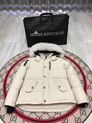 Moose Knuckles Cream Long Down Parka with White Fur Trim