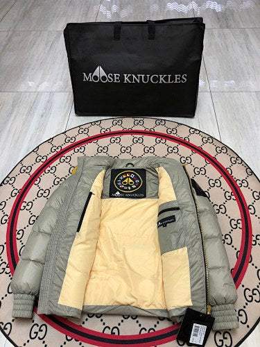 Moose Knuckles Silver Grey Glossy Short Down Puffer Jacket