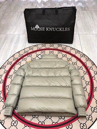 Moose Knuckles Silver Grey Glossy Short Down Puffer Jacket