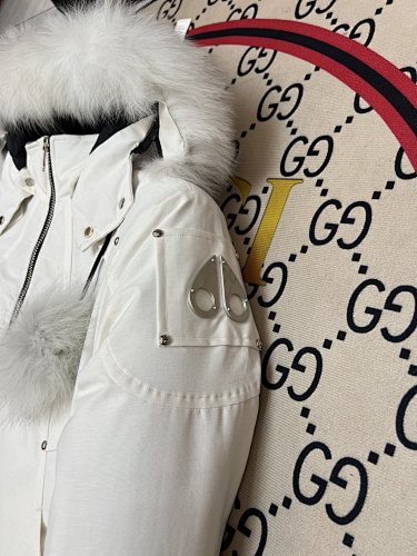Moose Knuckles White Long Down Parka with White Fur Trim and Pom-Pom Detail