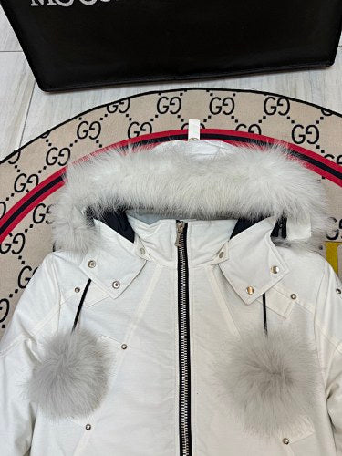 Moose Knuckles White Long Down Parka with White Fur Trim and Pom-Pom Detail