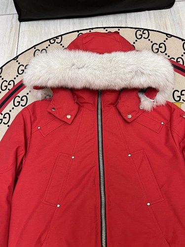 Moose Knuckles Red Ballistic Bomber Down Jacket with White Fur Trim