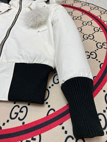 Moose Knuckles White Long Down Parka with White Fur Trim and Pom-Pom Detail