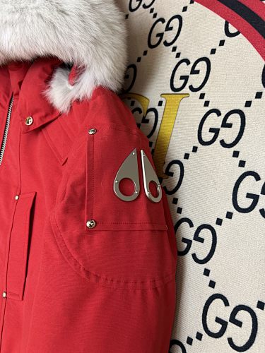 Moose Knuckles Red Ballistic Bomber Down Jacket with White Fur Trim