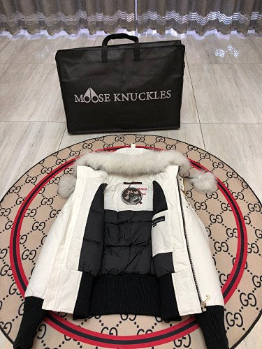Moose Knuckles White Long Down Parka with White Fur Trim and Pom-Pom Detail
