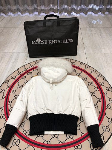 Moose Knuckles White Long Down Parka with White Fur Trim and Pom-Pom Detail