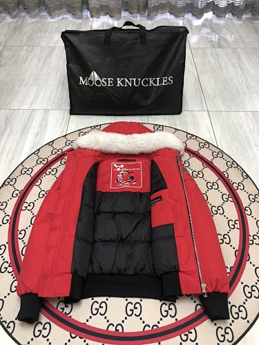 Moose Knuckles Red Ballistic Bomber Down Jacket with White Fur Trim