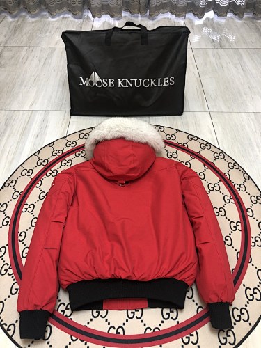 Moose Knuckles Red Ballistic Bomber Down Jacket with White Fur Trim