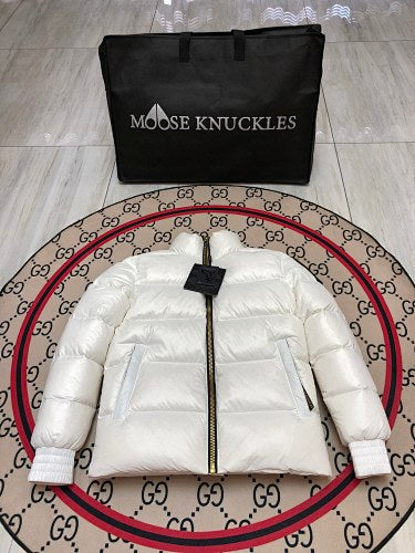 Moose Knuckles White Glossy Short Down Puffer Jacket