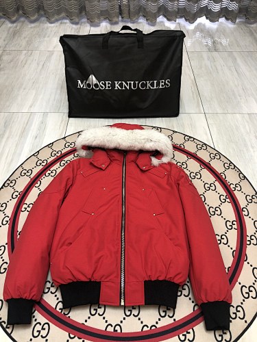 Moose Knuckles Red Ballistic Bomber Down Jacket with White Fur Trim