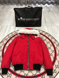 Moose Knuckles Red Ballistic Bomber Down Jacket with White Fur Trim