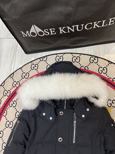 Moose Knuckles Black Long Down Parka with White Fur Trim