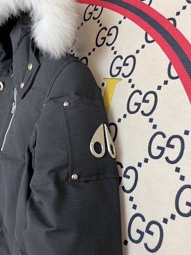 Moose Knuckles Black Long Down Parka with White Fur Trim