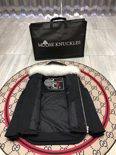 Moose Knuckles Black Long Down Parka with White Fur Trim