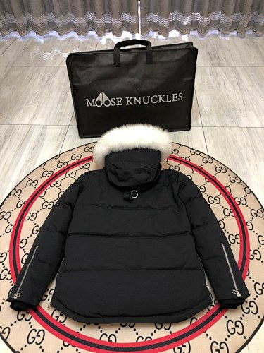 Moose Knuckles Black Long Down Parka with White Fur Trim