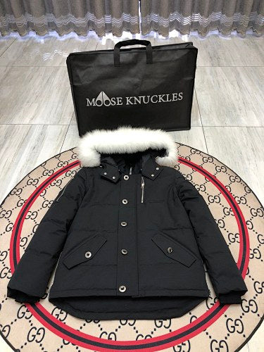 Moose Knuckles Black Long Down Parka with White Fur Trim