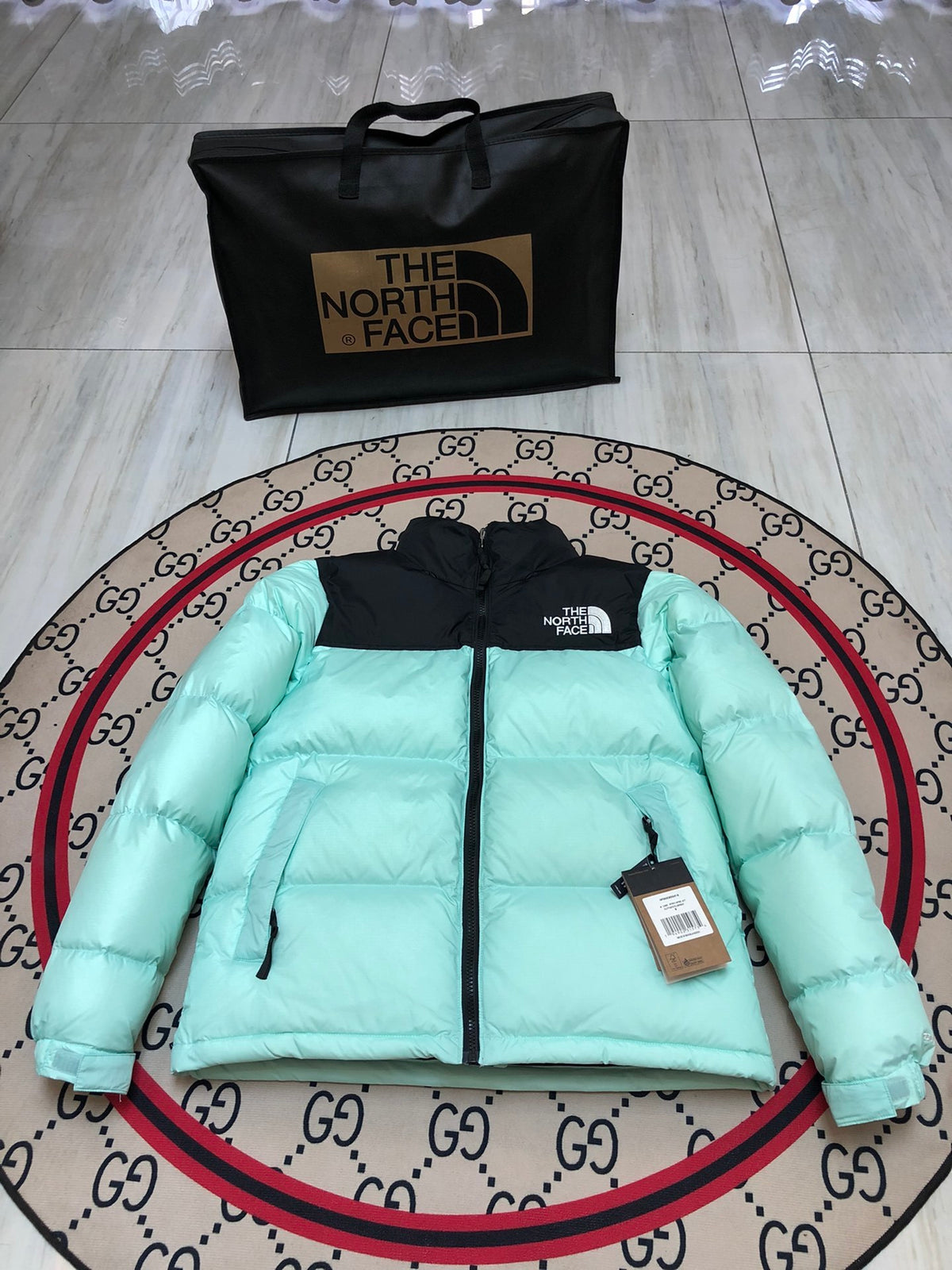 The North Face Mint Green & Black Nuptse 700-Fill Down Jacket