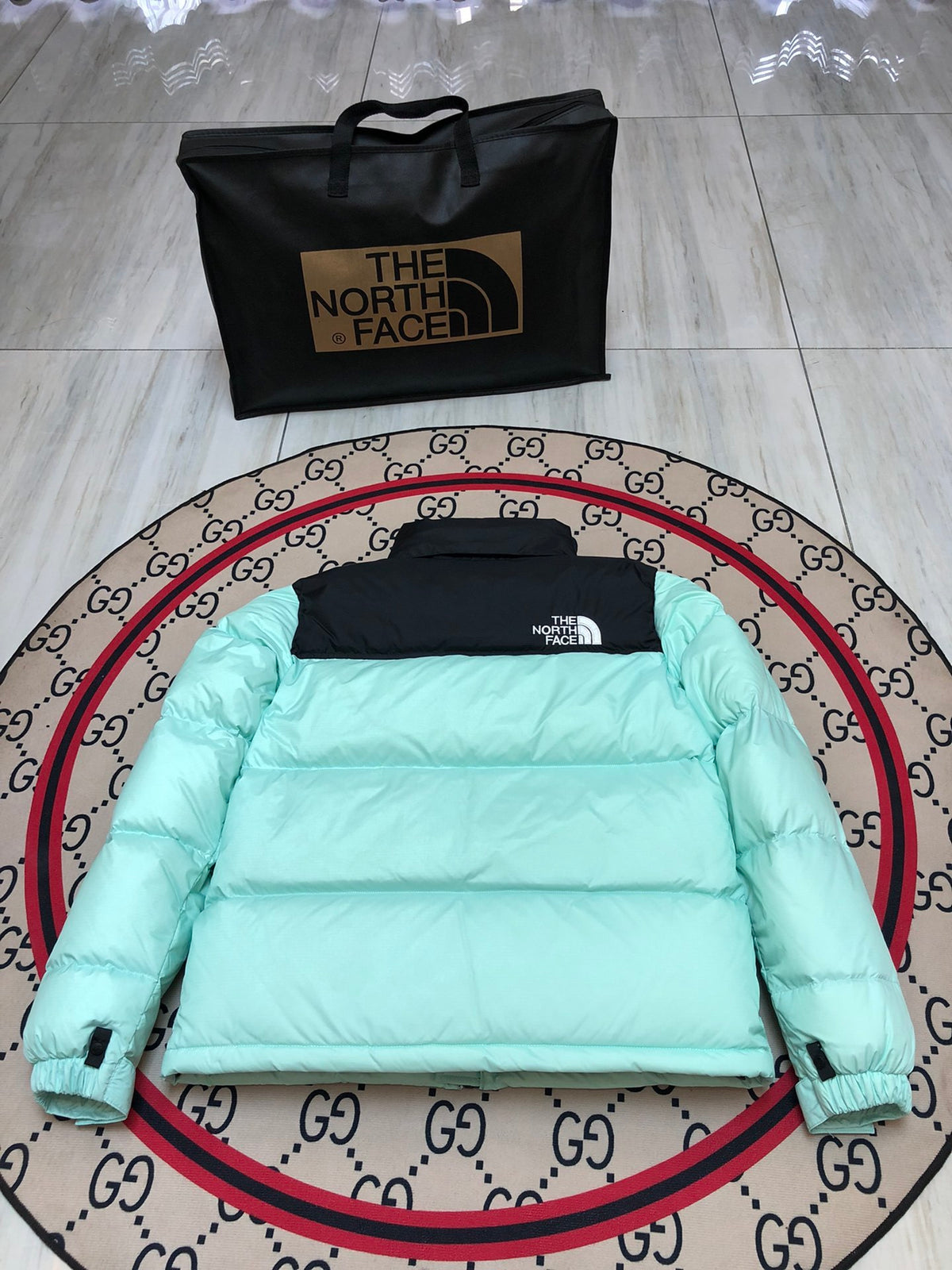 The North Face Mint Green & Black Nuptse 700-Fill Down Jacket