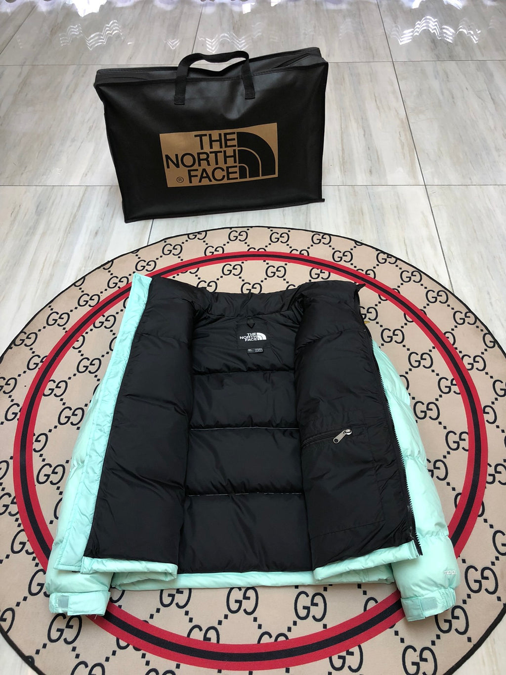 The North Face Mint Green & Black Nuptse 700-Fill Down Jacket
