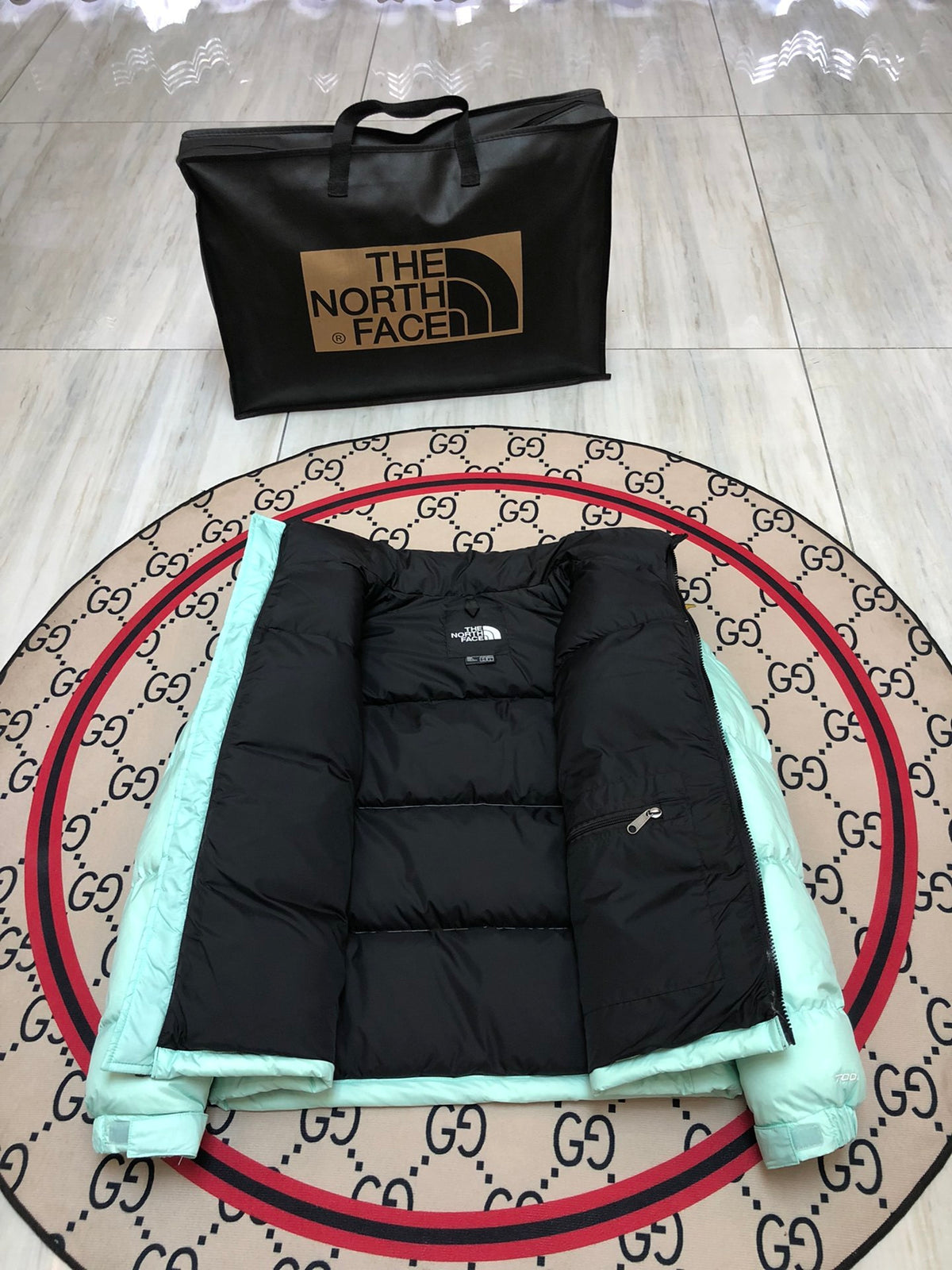 The North Face Mint Green & Black Nuptse 700-Fill Down Jacket