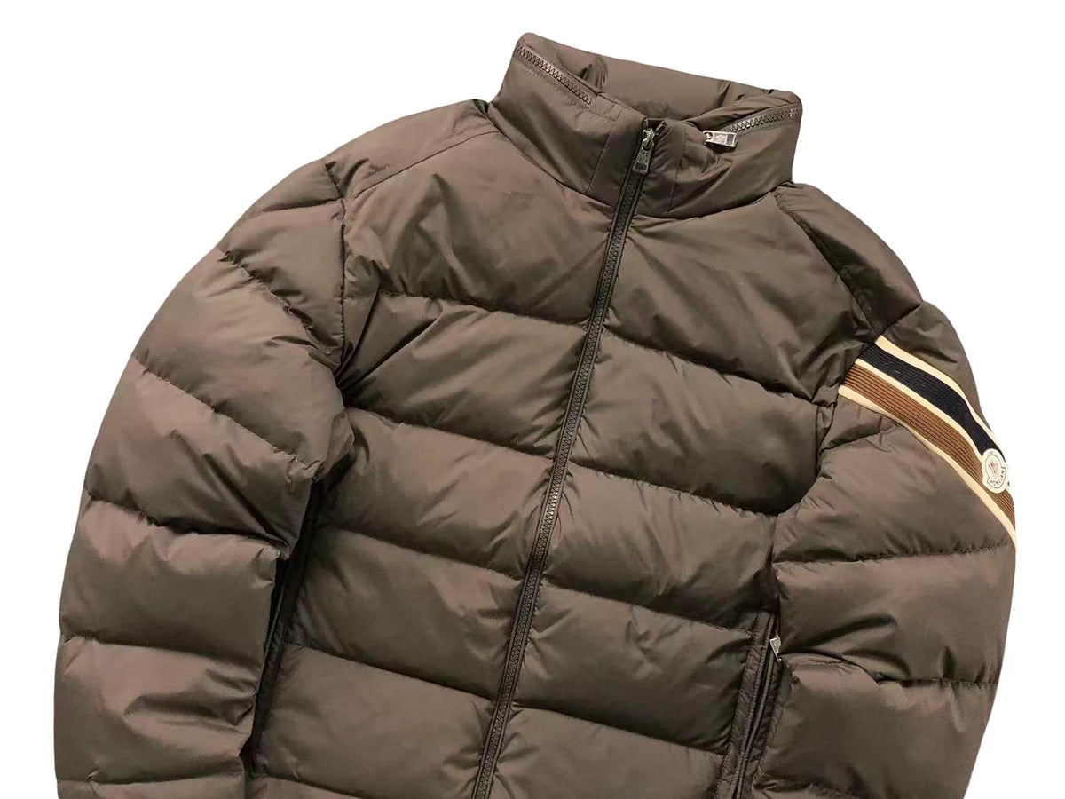 Moncler Taupe Brown Quilted Puffer Jacket with Striped Sleeve